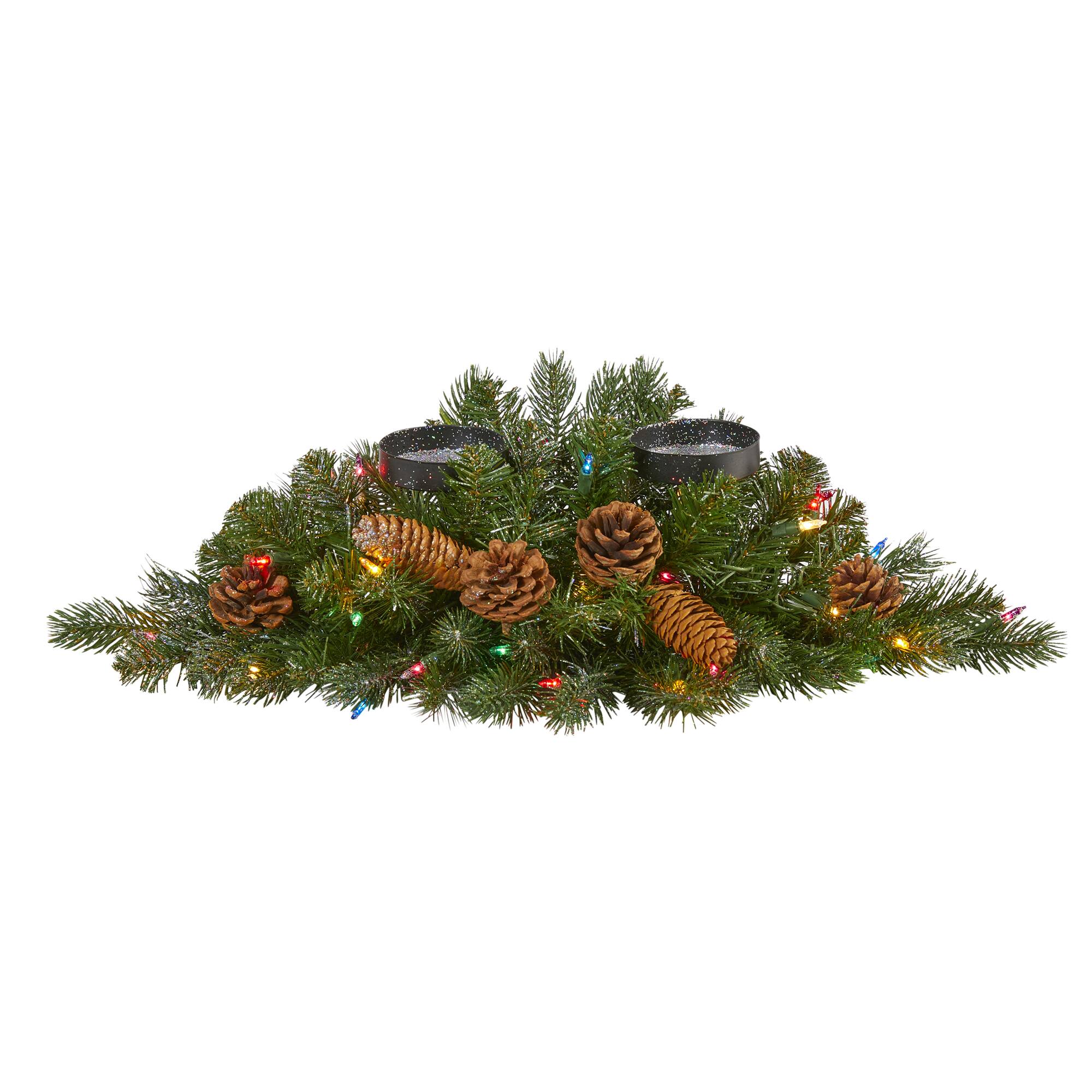 24" Pre-Lit Flocked & Glittered Pine & Pinecones Double Candelabrum